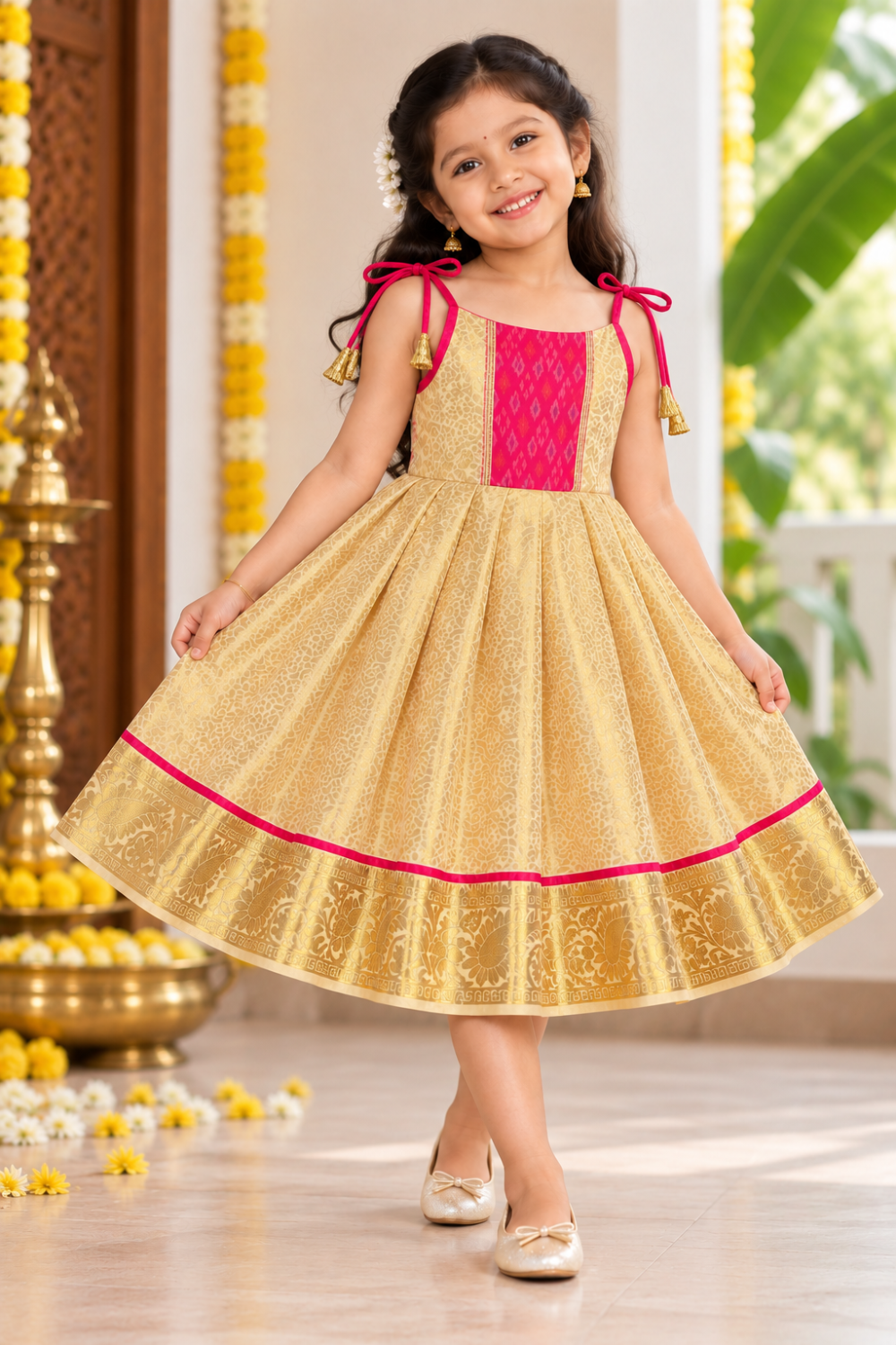 Chittythali Girls Semi Silk Ethnic Frock with Ikat Panel & Back Smocking | Shoulder Tie Traditional Festive Dress - FR63