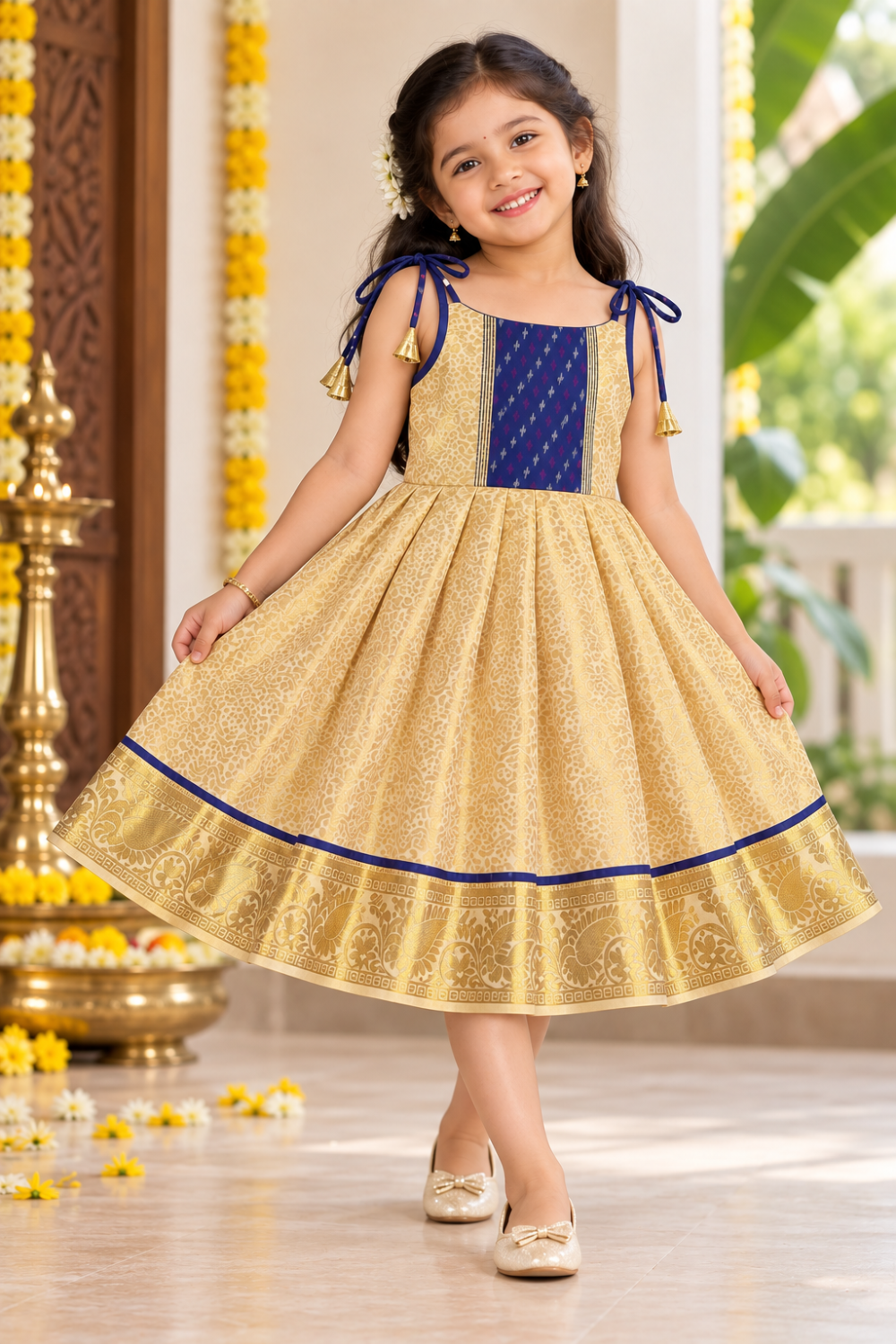 Chittythali Girls Semi Silk Ethnic Frock with Ikat Panel & Back Smocking | Shoulder Tie Traditional Festive Dress - FR63