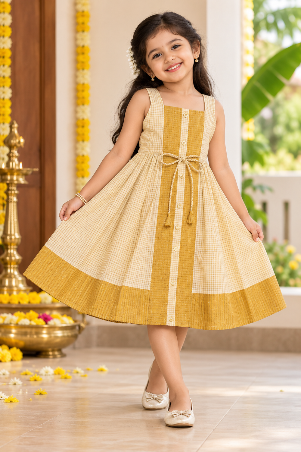 Chittythali Girls Semi Silk Ethnic Frock with Multi-Panel Design | Front Gold Button & Waist Tie-Up Traditional Dress - FR64