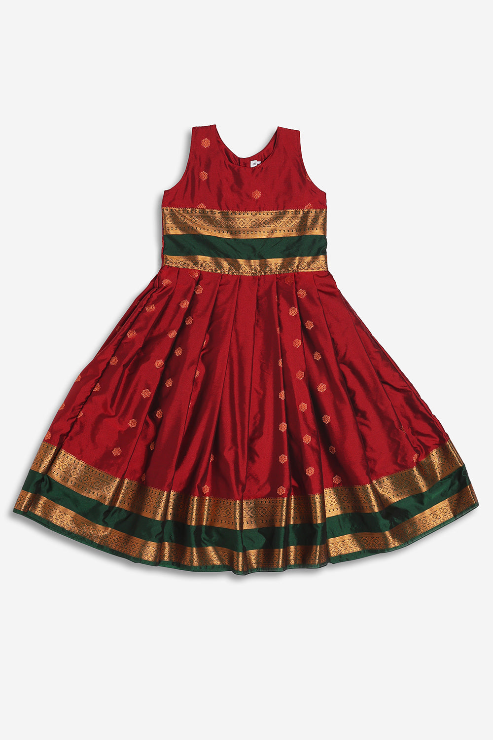 Chittythali Girls Semi Silk Ethnic Frock with Knife Pleated Skirt | Traditional Festive Dress with Back Gold Button - FR65