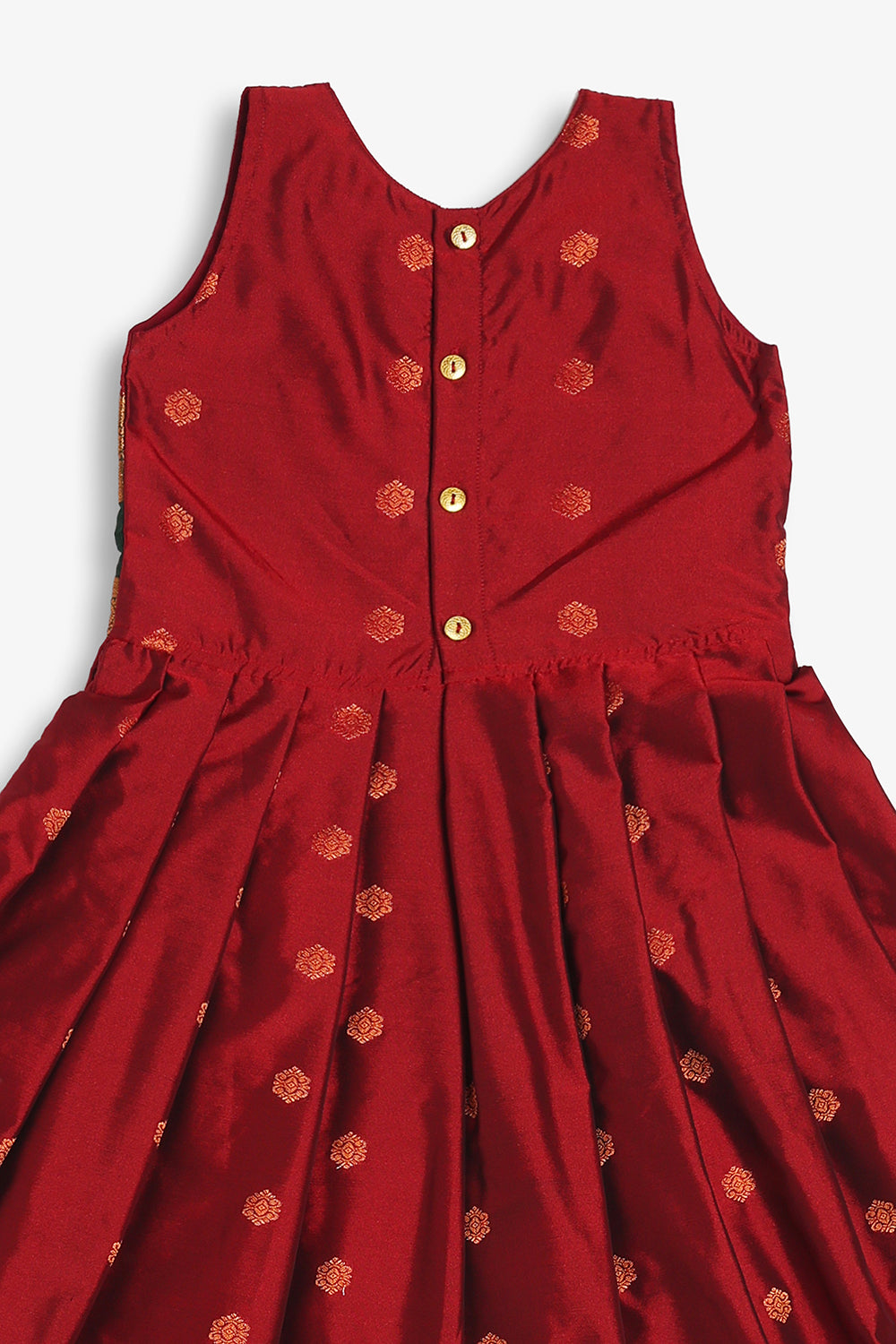 Chittythali Girls Semi Silk Ethnic Frock with Knife Pleated Skirt | Traditional Festive Dress with Back Gold Button - FR65