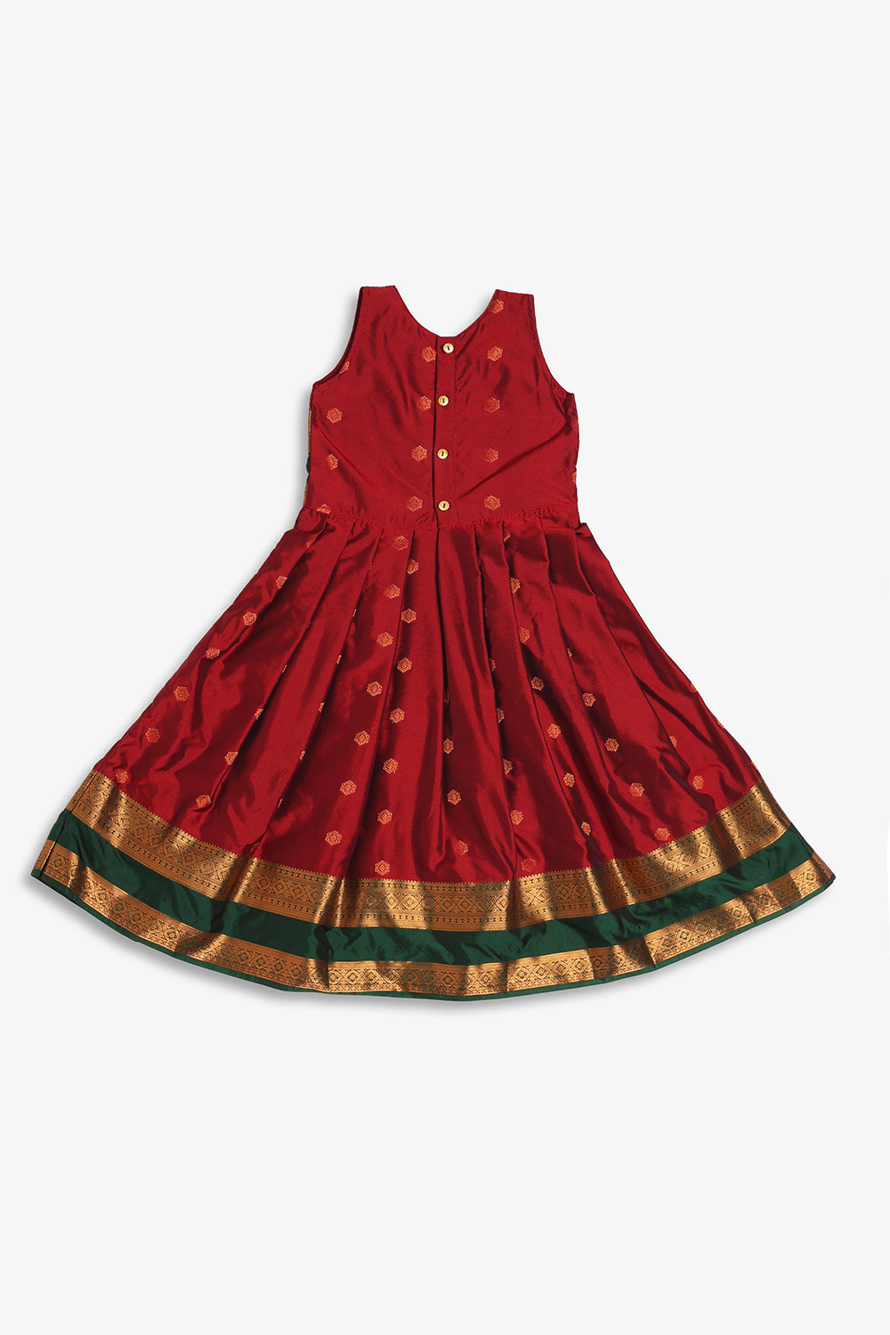 Chittythali Girls Semi Silk Ethnic Frock with Knife Pleated Skirt | Traditional Festive Dress with Back Gold Button - FR65