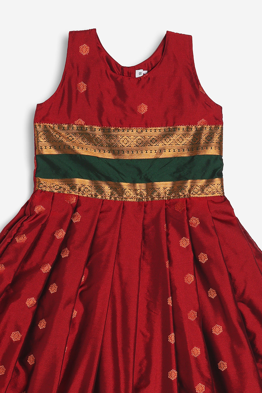 Chittythali Girls Semi Silk Ethnic Frock with Knife Pleated Skirt | Traditional Festive Dress with Back Gold Button - FR65