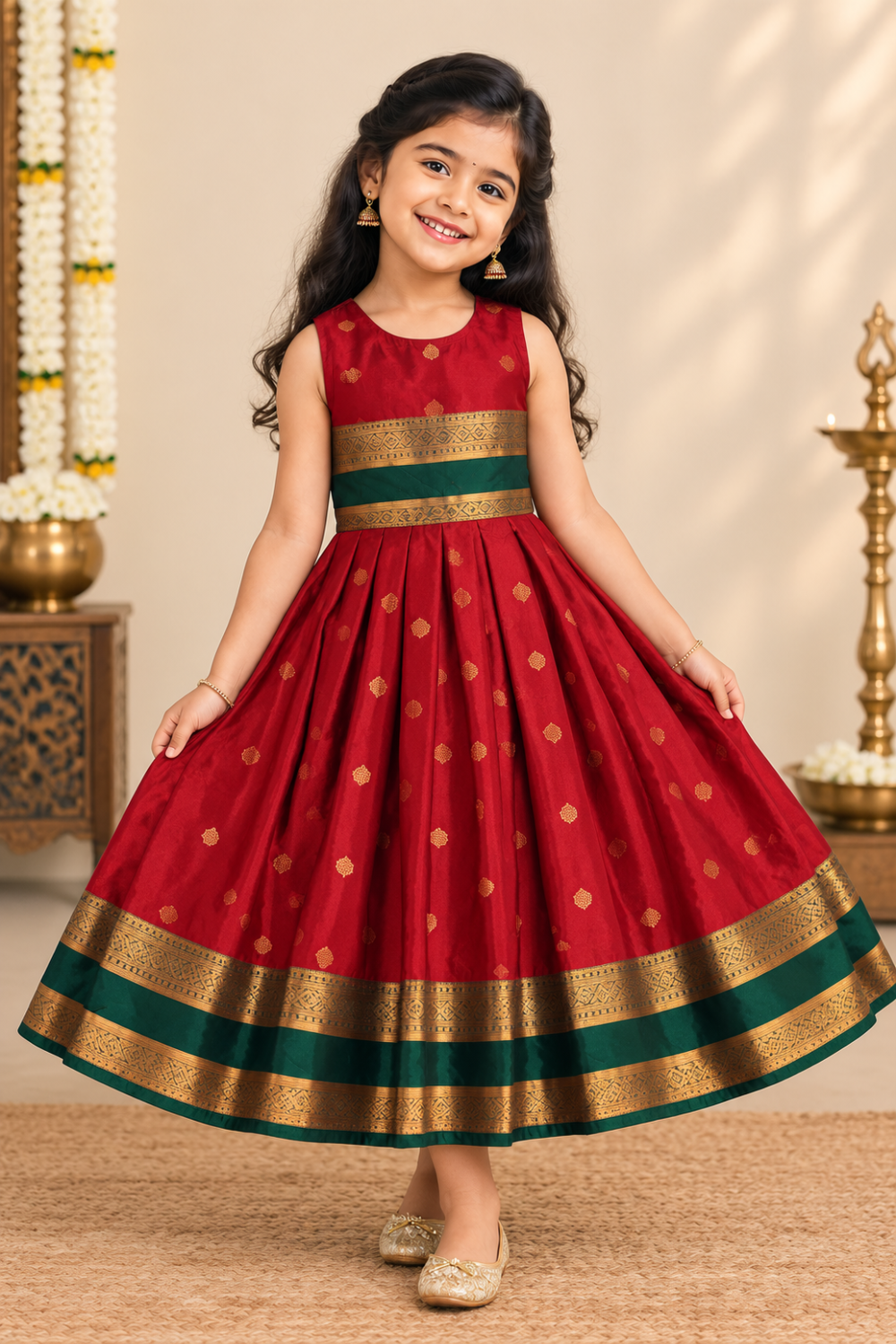 Chittythali Girls Semi Silk Ethnic Frock with Knife Pleated Skirt | Traditional Festive Dress with Back Gold Button - FR65