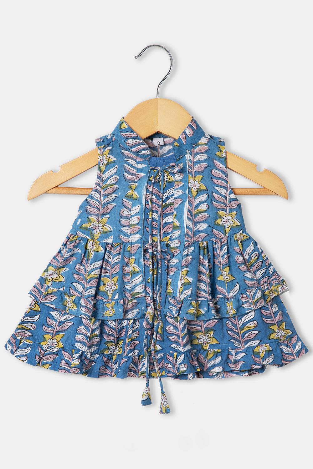 Chittythalli Girls Cottton Round Neck Frock with Mandarian Collar Overcoat - Blue - FR31