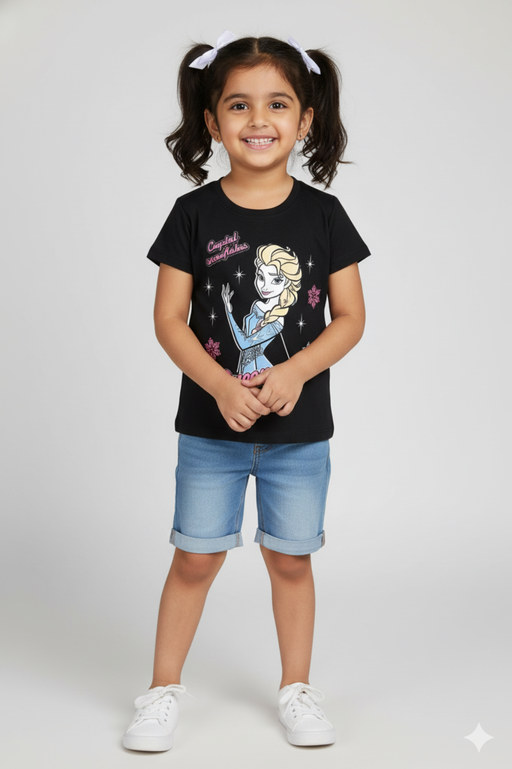 Girls Printed Cotton-Blend T-Shirt | Round Neck Short Sleeve Regular Fit Daily Wear Tee - Black - 3002