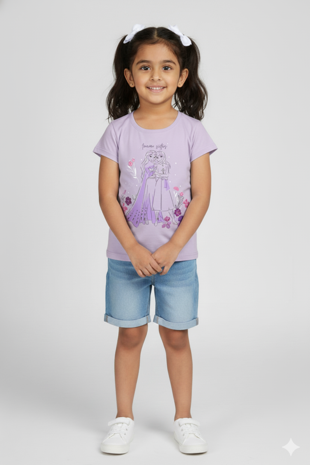 Girls Printed Cotton-Blend T-Shirt | Round Neck Short Sleeve Regular Fit Daily Wear Tee - Lilac - 3002
