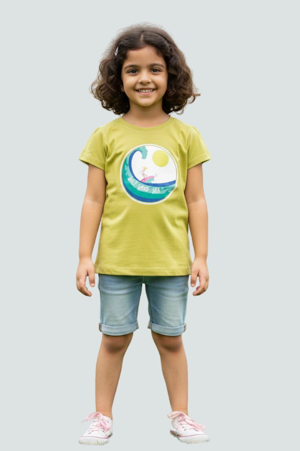Girls’ Printed Cotton-Blend T-Shirt | Round Neck, Cap Sleeves, Regular Fit - 1792