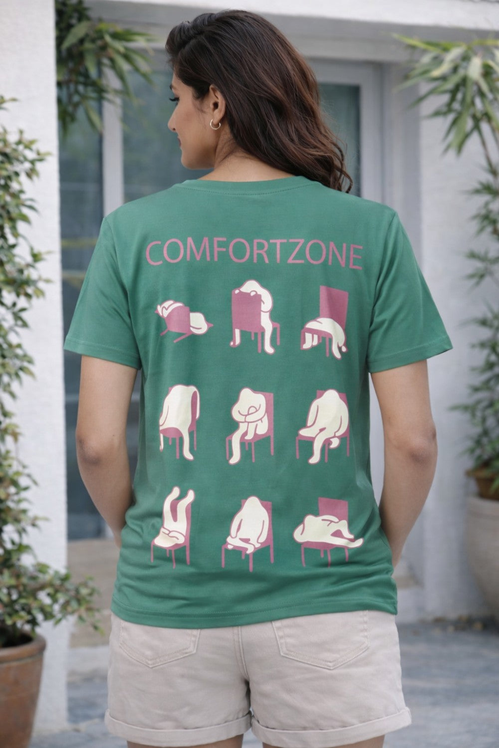 Graphic Cotton T-Shirt for Women & Unisex by Enhance Printed T-Shirt | “Ways to Sit” Round Neck Half Sleeve Crew Neck Tee | Front & Back Print COMFORTZONE Design | Everyday Casual Streetwear - Green - TG07