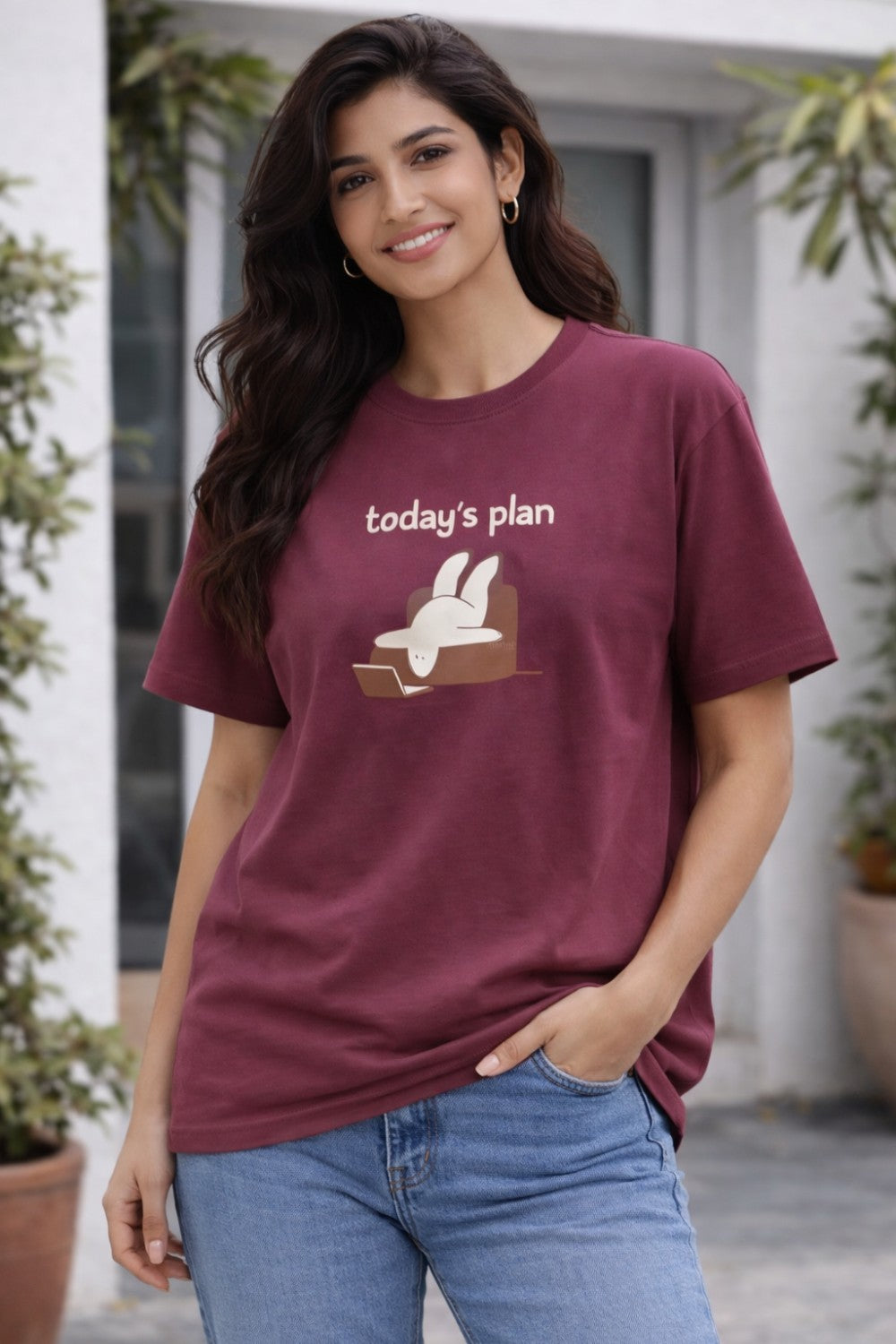 Graphic Cotton T-Shirt for Women & Unisex by Enhance Printed Round Neck Half Sleeve T-Shirt | Today's Plan Everyday Wear - Wine - TG08