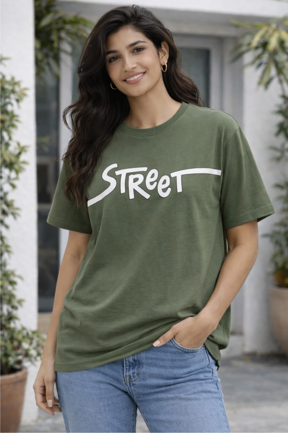 Graphic Cotton T-Shirt for Women & Unisex by Enhance Printed Crew Neck T-Shirt | Street Style Round Neck Half Sleeve Everyday Wear - Olive - TG09