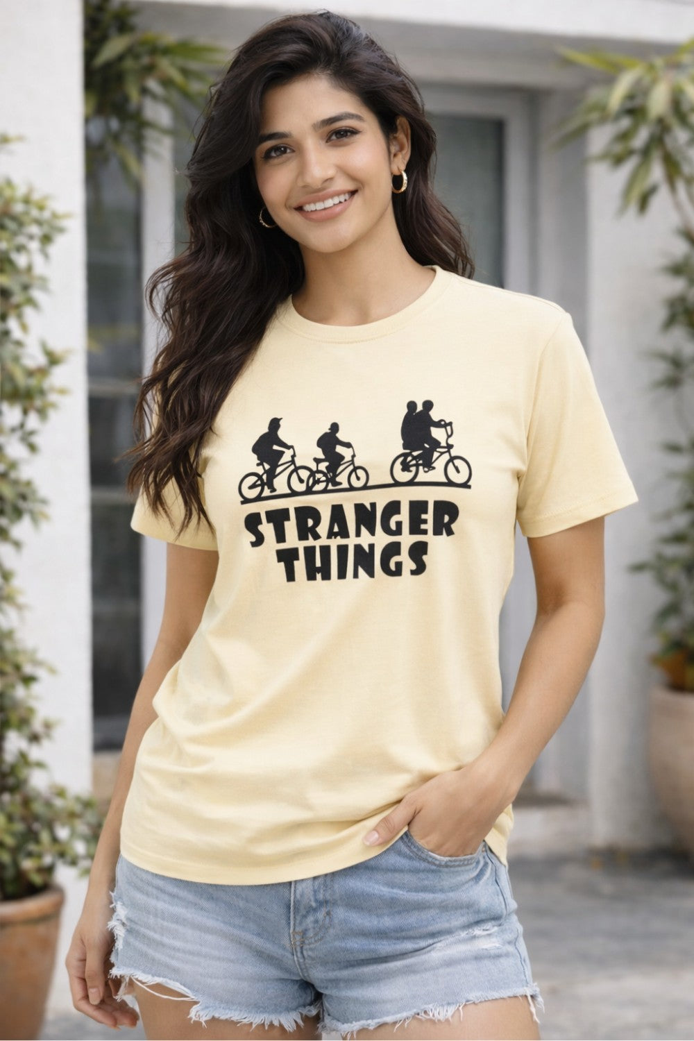 Graphic Cotton T-Shirt for Women & Unisex by Enhance Printed T-Shirt | “Stranger Things” Round Neck Half Sleeve Crew Neck Tee | Front & Back Print | Everyday Casual Streetwear - Cream - TG11