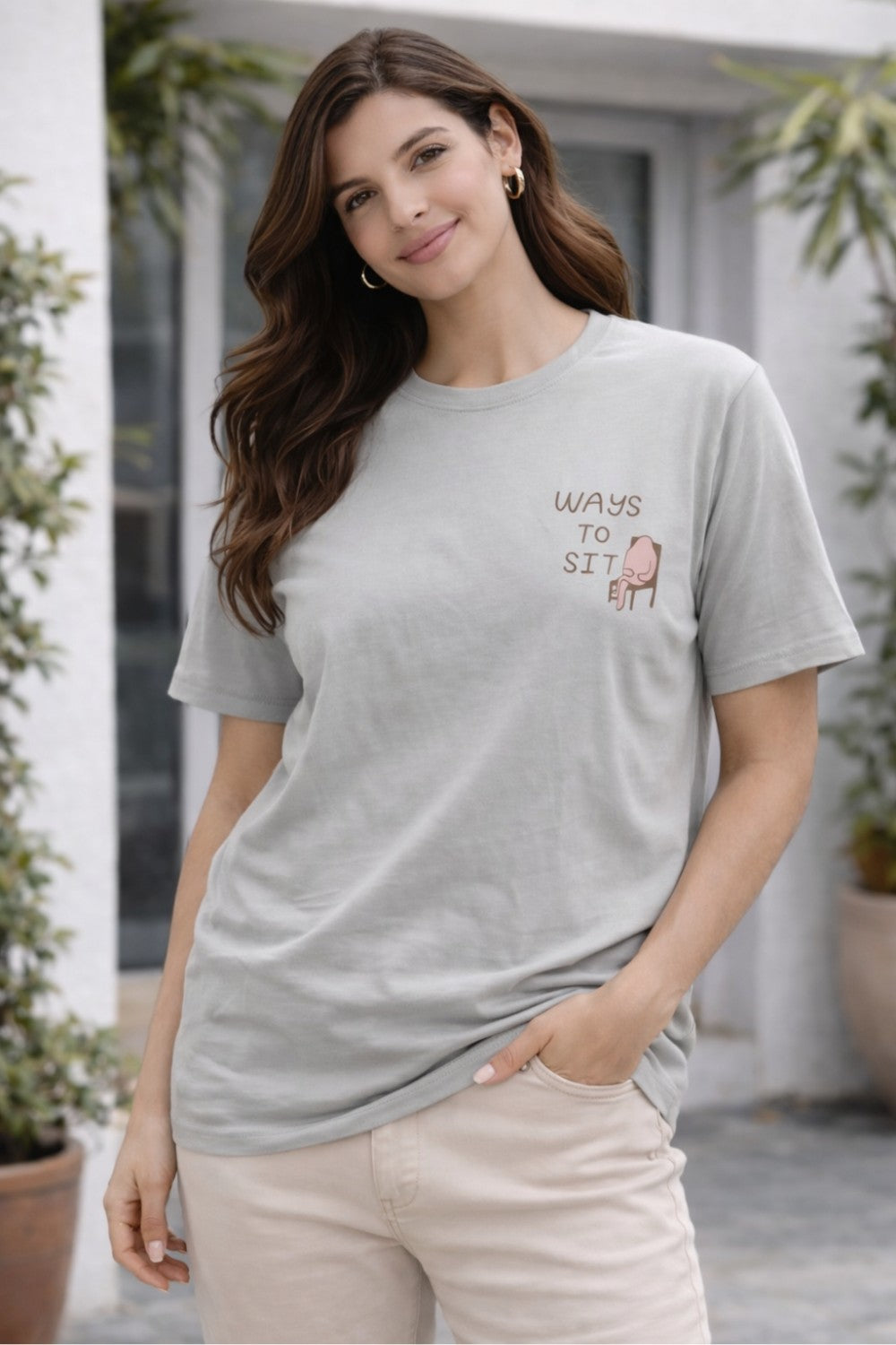 Graphic Cotton T-Shirt for Women & Unisex by Enhance Printed T-Shirt | “Ways to Sit” Round Neck Half Sleeve Crew Neck Tee | Front & Back Print COMFORTZONE Design | Everyday Casual Streetwear - Light Grey - TG07