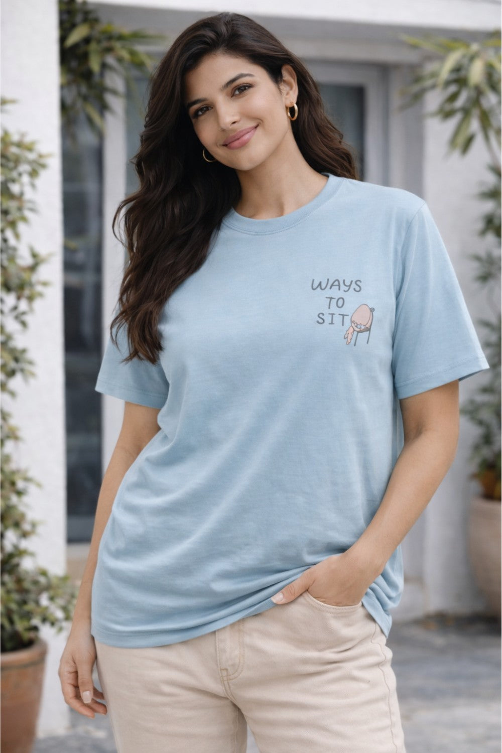 Graphic Cotton T-Shirt for Women & Unisex by Enhance Printed T-Shirt | “Ways to Sit” Round Neck Half Sleeve Crew Neck Tee | Front & Back Print COMFORTZONE Design | Everyday Casual Streetwear - Blue - TG07