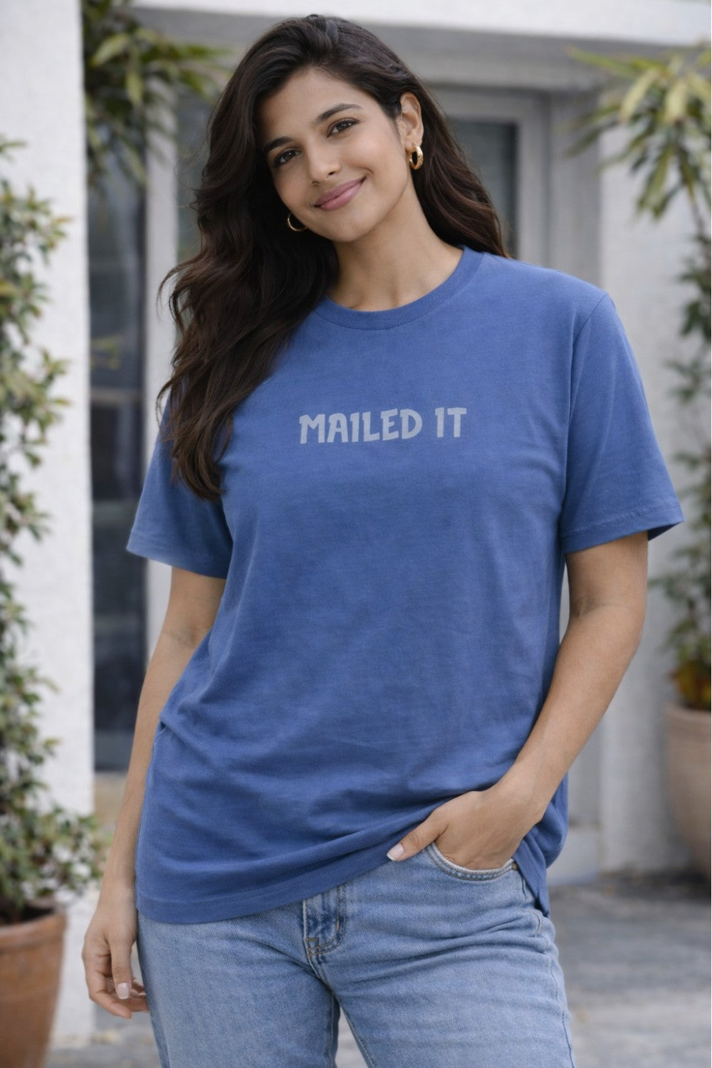 Graphic Cotton T-Shirt for Women & Unisex by Enhance Printed T-Shirt | “Mailed It” Round Neck Half Sleeve Crew Neck Tee | Front & Back Print Skateboard Laptop Design | Everyday Casual Streetwear - Blue - TG10