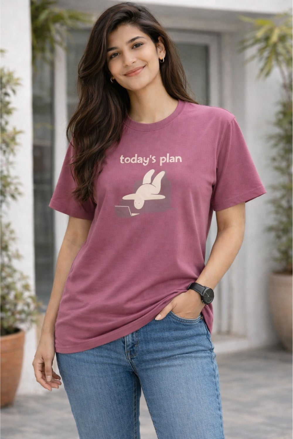 Graphic Cotton T-Shirt for Women & Unisex by Enhance Printed Round Neck Half Sleeve T-Shirt | Today's Plan Everyday Wear - Dark Pink - TG08