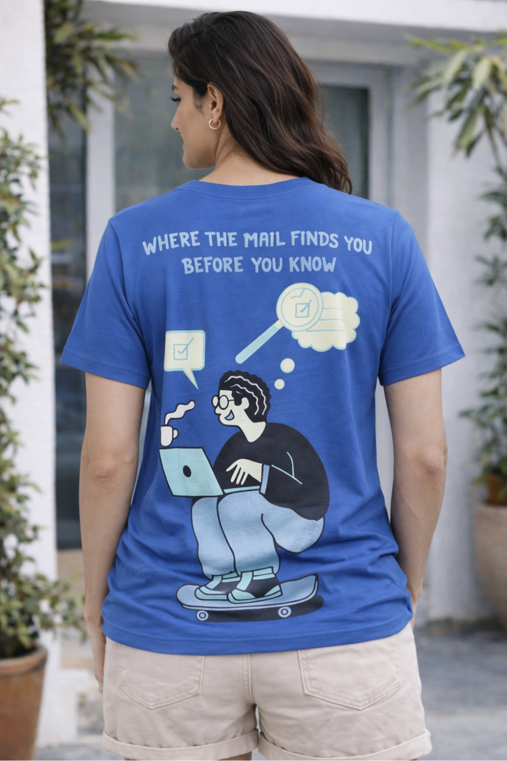 Graphic Cotton T-Shirt for Women & Unisex by Enhance Printed T-Shirt | “Mailed It” Round Neck Half Sleeve Crew Neck Tee | Front & Back Print Skateboard Laptop Design | Everyday Casual Streetwear - Blue - TG10