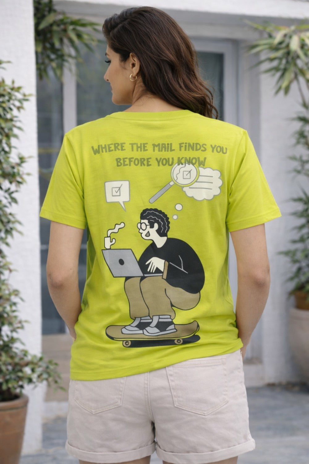 Graphic Cotton T-Shirt for Women & Unisex by Enhance Printed T-Shirt | “Mailed It” Round Neck Half Sleeve Crew Neck Tee | Front & Back Print Skateboard Laptop Design | Everyday Casual Streetwear - Yellow - TG10