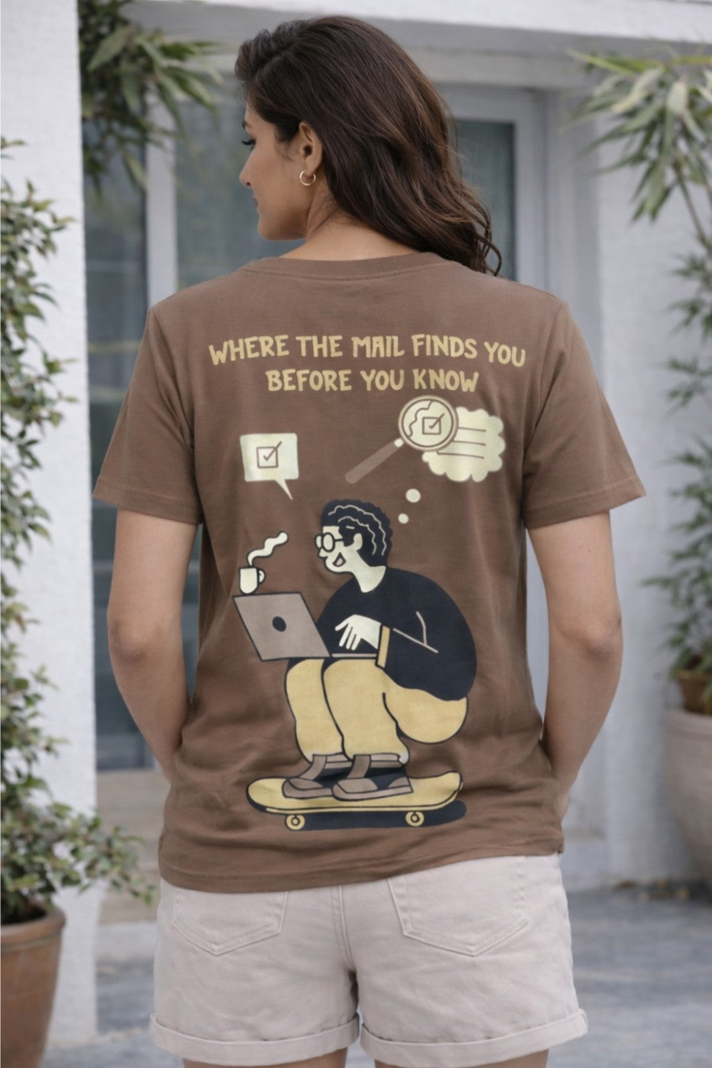 Graphic Cotton T-Shirt for Women & Unisex by Enhance Printed T-Shirt | “Mailed It” Round Neck Half Sleeve Crew Neck Tee | Front & Back Print Skateboard Laptop Design | Everyday Casual Streetwear - Brown - TG10