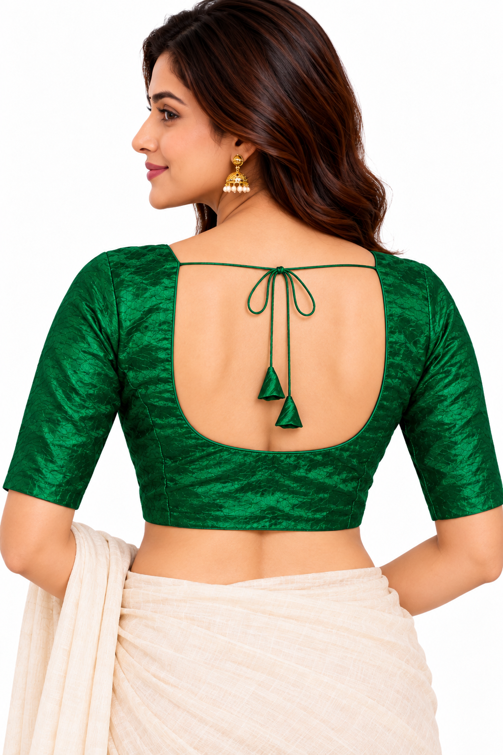 Women’s Padded Space Silk Princess Cut Readymade Saree Blouse | Front Open Round Neck Elbow Sleeve Blouse with Back Knot - 1121