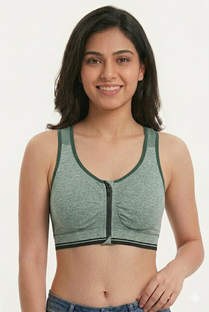 Seamless Front Zip Bra for Women – Medium Coverage Padded Cotton Blend Bra with Removable Pads | Comfortable Pull-On Active Bra - 3688