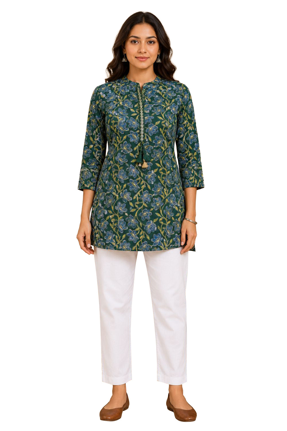 Women's Cotton Blend Printed Mandarin Collar Top | 3/4 Sleeve Casual Top for Women | Regular Fit Everyday Fashion Top - JS22