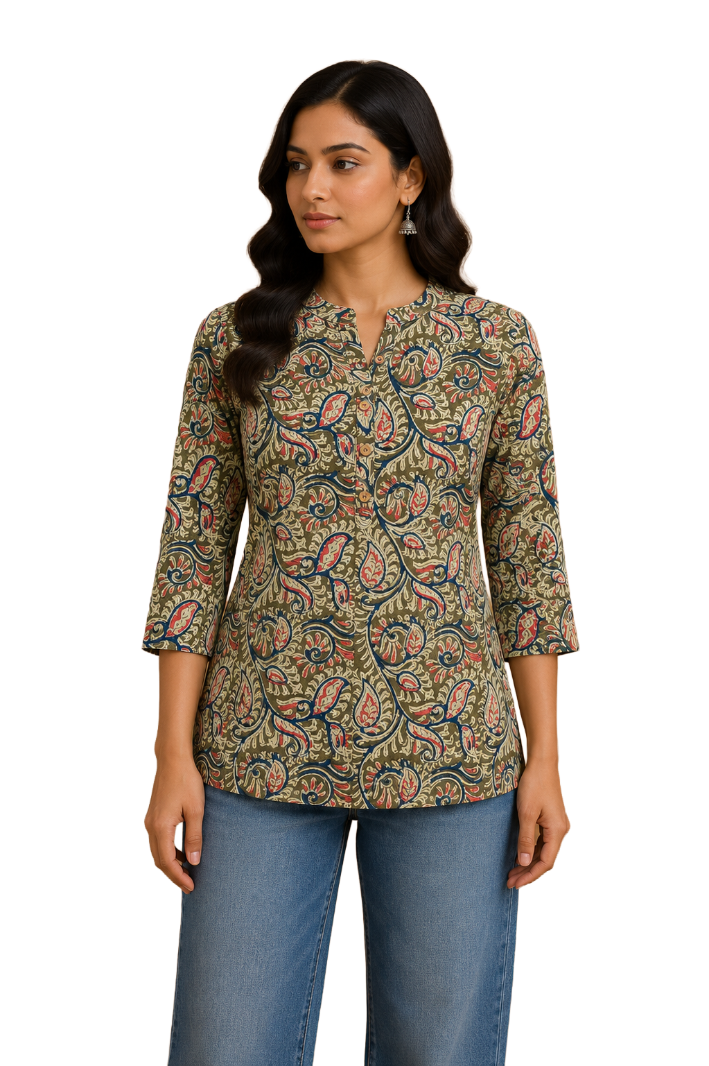Women's Cotton Blend Printed Mandarin Collar Top | 3/4 Sleeve Casual Top for Women | Regular Fit Everyday Office & Casual Wear - JS25