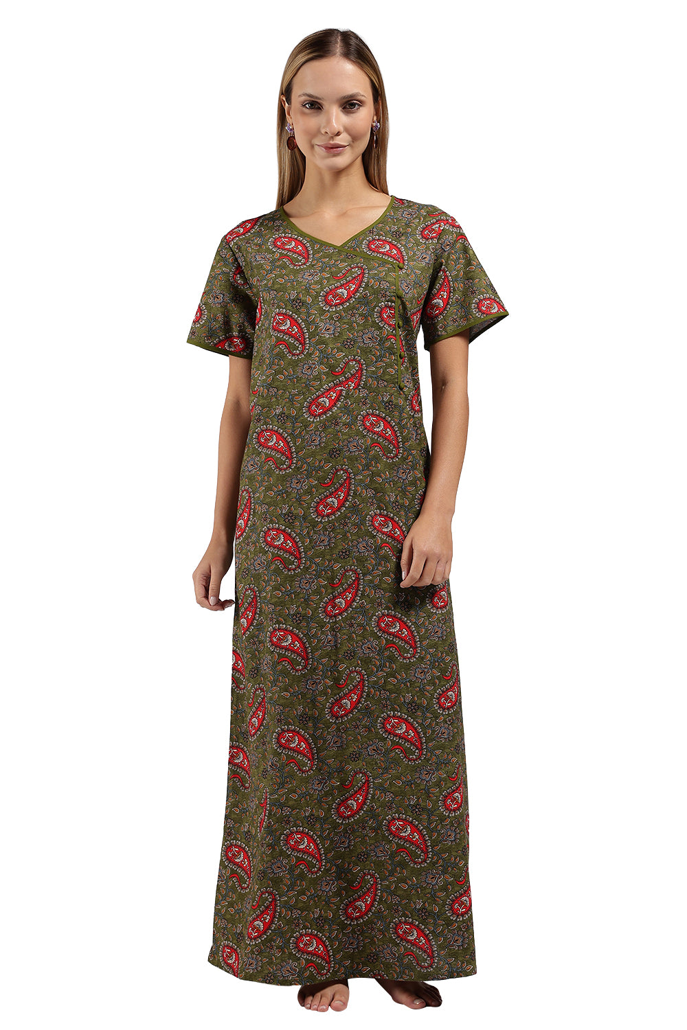 Naidu Hall Printed Cotton Nighty for Women – A-Line Relaxed Fit Sleepwear with V-Neck & Asymmetric Panel | Comfortable Daily Wear Nighty
 - N121