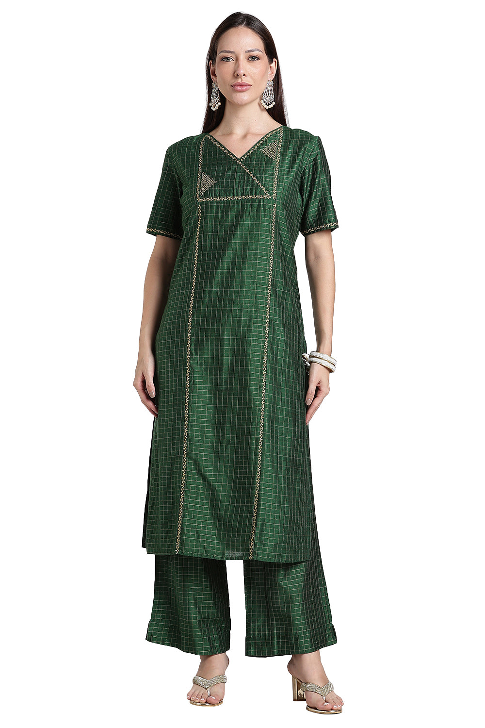 Mythri Women's Cotton Blend Embroidered Kurta Set with Wide Leg Pants | Crossover V-Neck Ethnic Kurta Set for Women | Festive & Traditional Wear - KS04