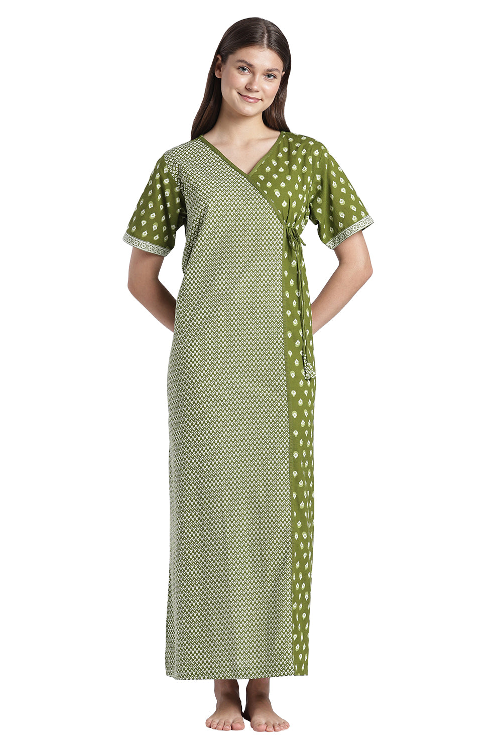 Naidu Hall Women’s Printed Cotton Angarakha Nighty | V-Neck Wrap Style Night Dress with Tie-Up | Short Sleeve Daily Wear, Sleepwear & Loungewear
 - NB51