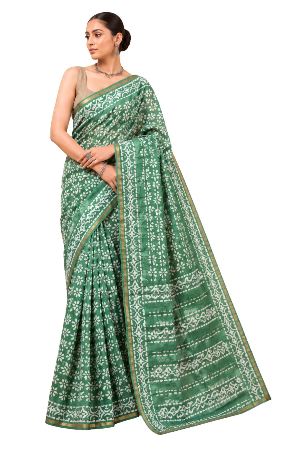Naidu Hall Women's Green Chanderi Print Cotton Blend Saree with Blouse | Lightweight Ethnic Wear Saree - WS09
