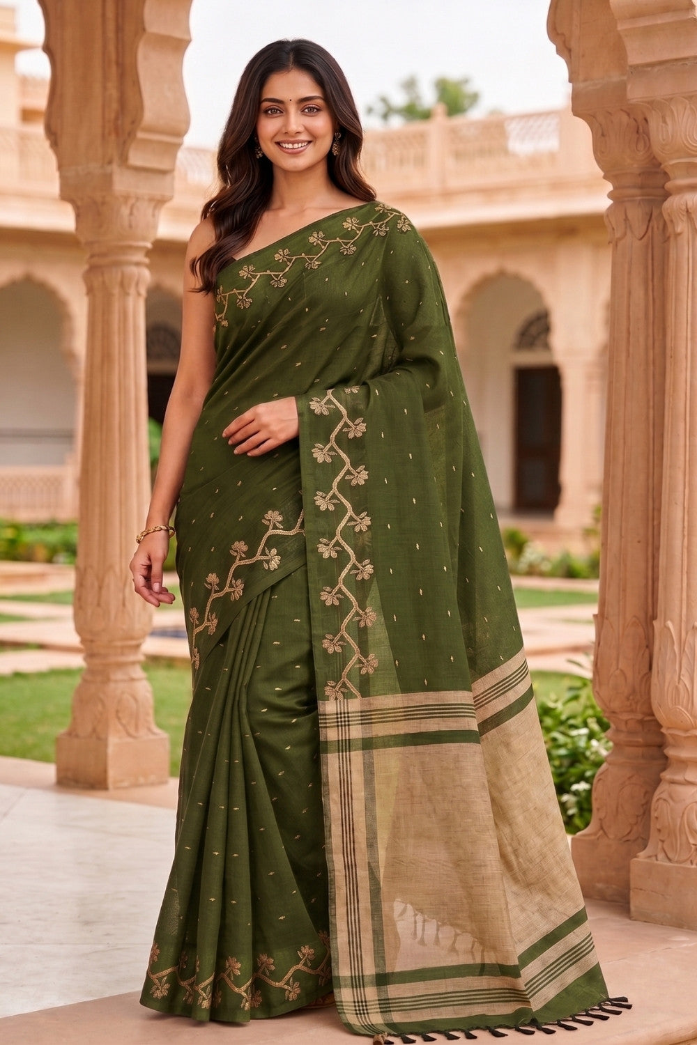 Naidu Hall Women's Green Khadi Cotton Blend Jacquard Saree with Blouse | Lightweight Ethnic Wear Saree - G475