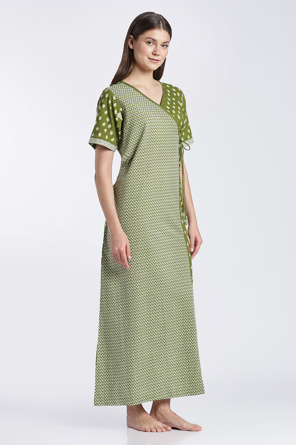 Naidu Hall Women’s Printed Cotton Angarakha Nighty | V-Neck Wrap Style Night Dress with Tie-Up | Short Sleeve Daily Wear, Sleepwear & Loungewear
 - NB51