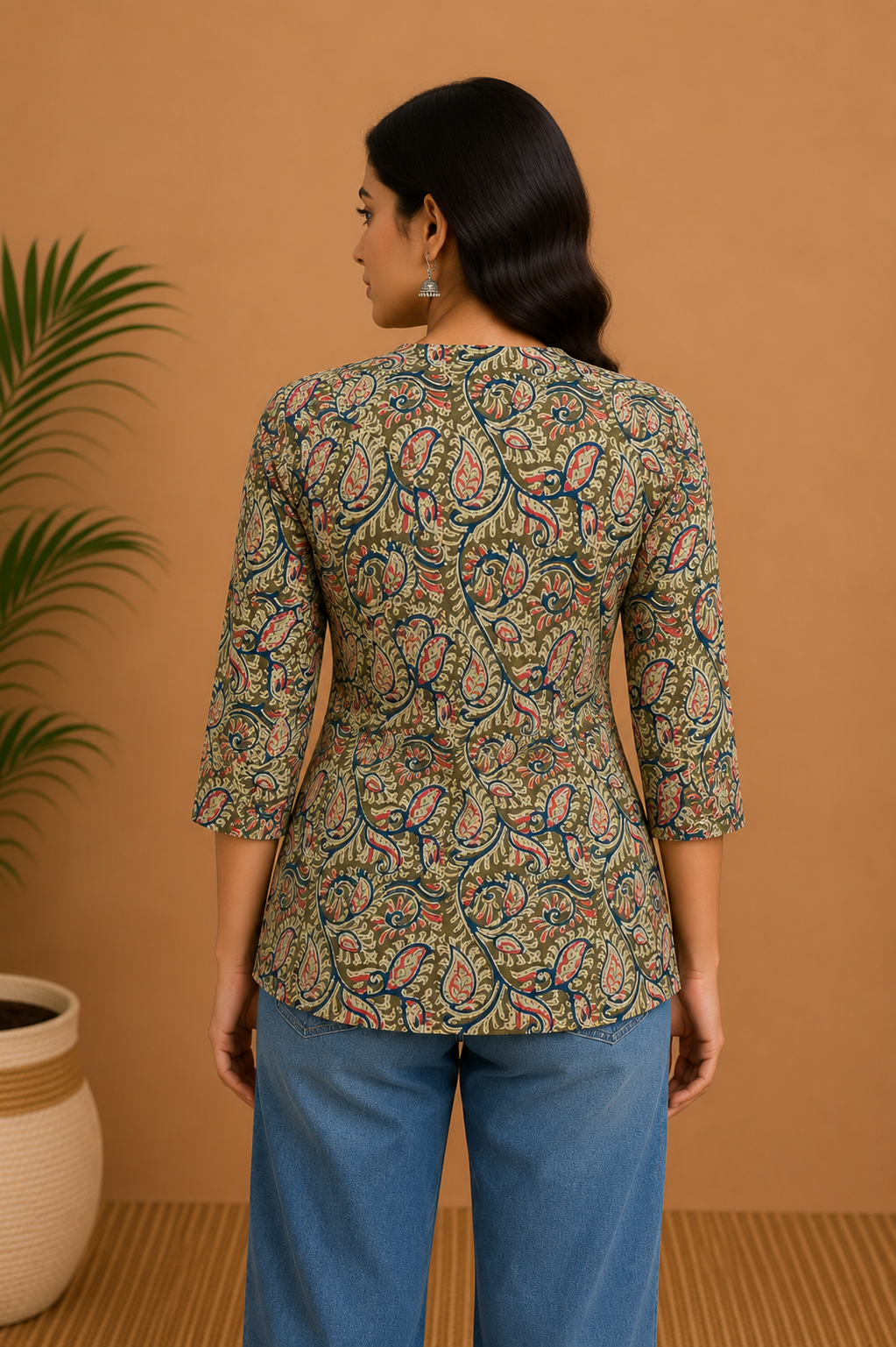 Women's Cotton Blend Printed Mandarin Collar Top | 3/4 Sleeve Casual Top for Women | Regular Fit Everyday Office & Casual Wear - JS25