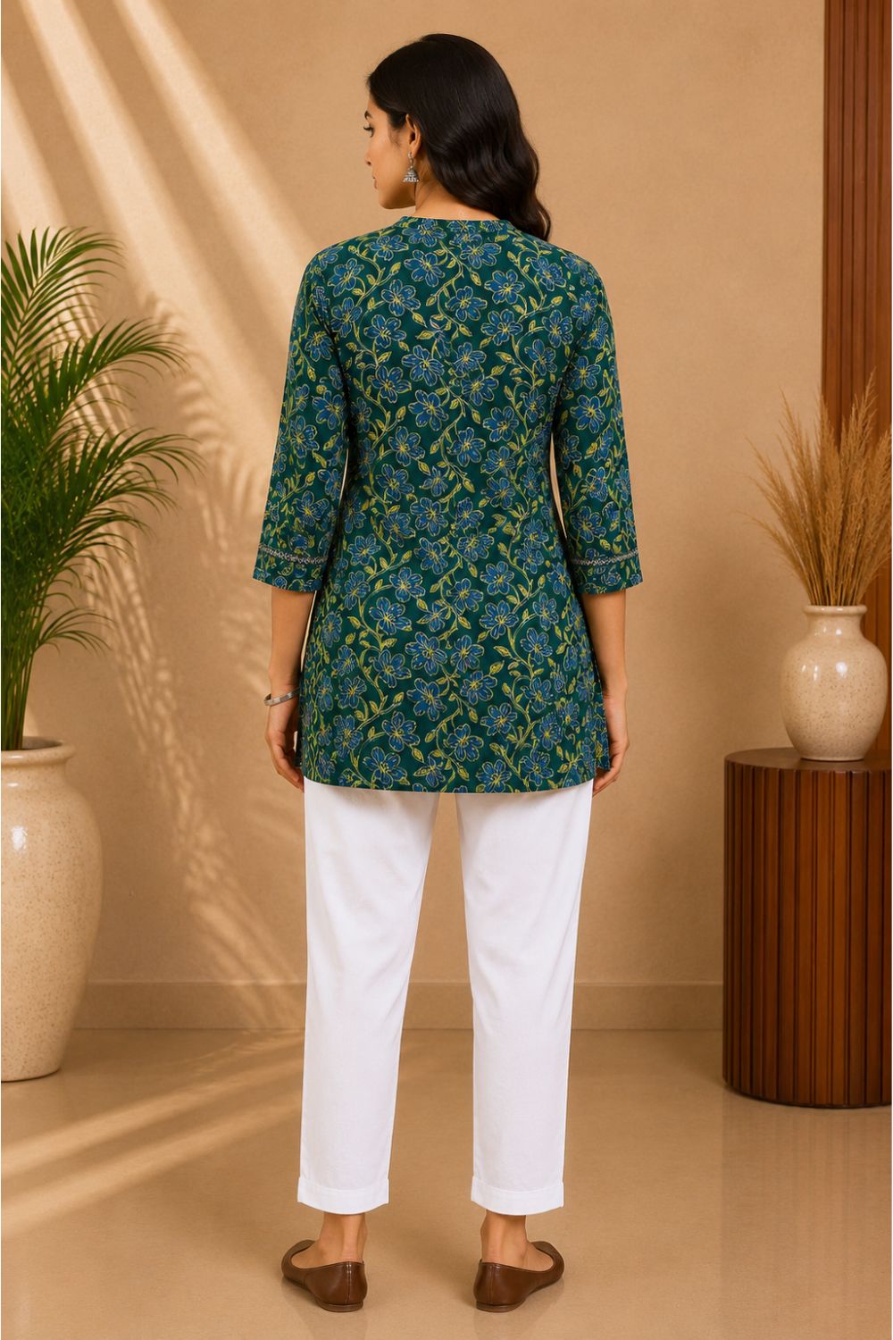 Women's Cotton Blend Printed Mandarin Collar Top | 3/4 Sleeve Casual Top for Women | Regular Fit Everyday Fashion Top - JS22