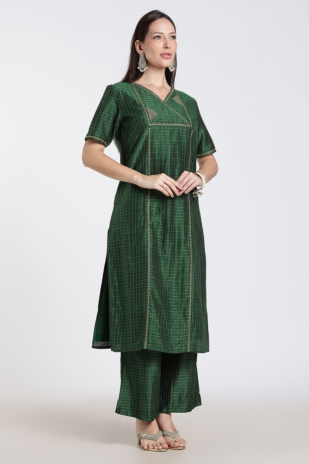 Mythri Women's Cotton Blend Embroidered Kurta Set with Wide Leg Pants | Crossover V-Neck Ethnic Kurta Set for Women | Festive & Traditional Wear - KS04