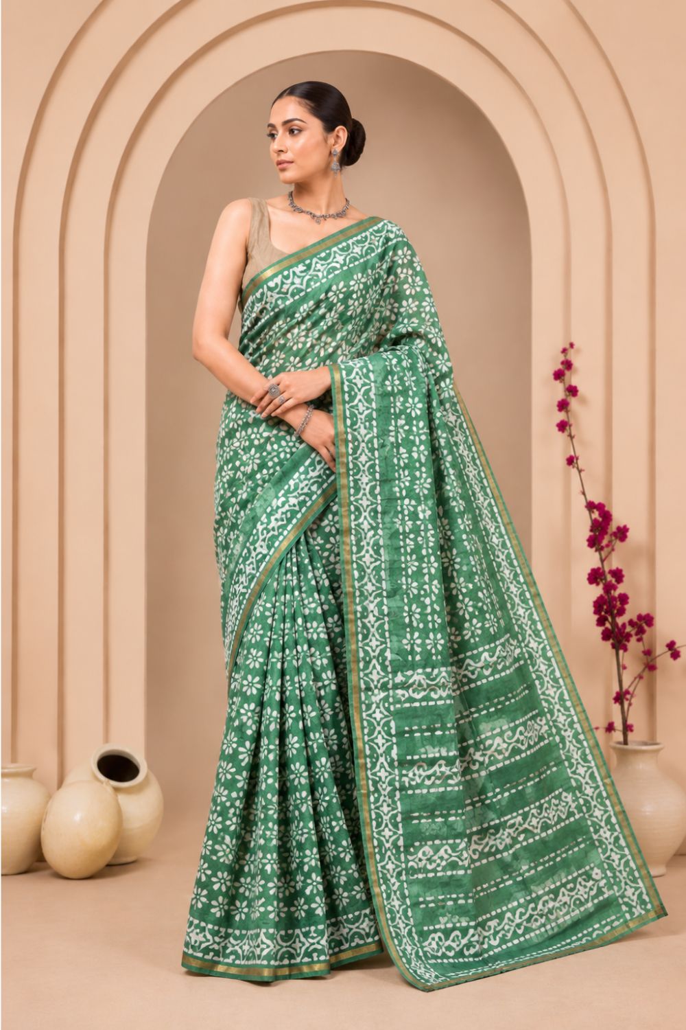 Naidu Hall Women's Green Chanderi Print Cotton Blend Saree with Blouse | Lightweight Ethnic Wear Saree - WS09