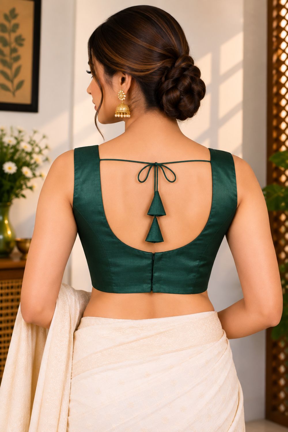 Women's Solid Silk Blend Saree Blouse with V Neck Neckline and attachable Elbow Sleeve - Regular | Ready-to-Wear Saree Blouse for Daily Wear, Festive Wear, Office Wear, Special Occasions - L640