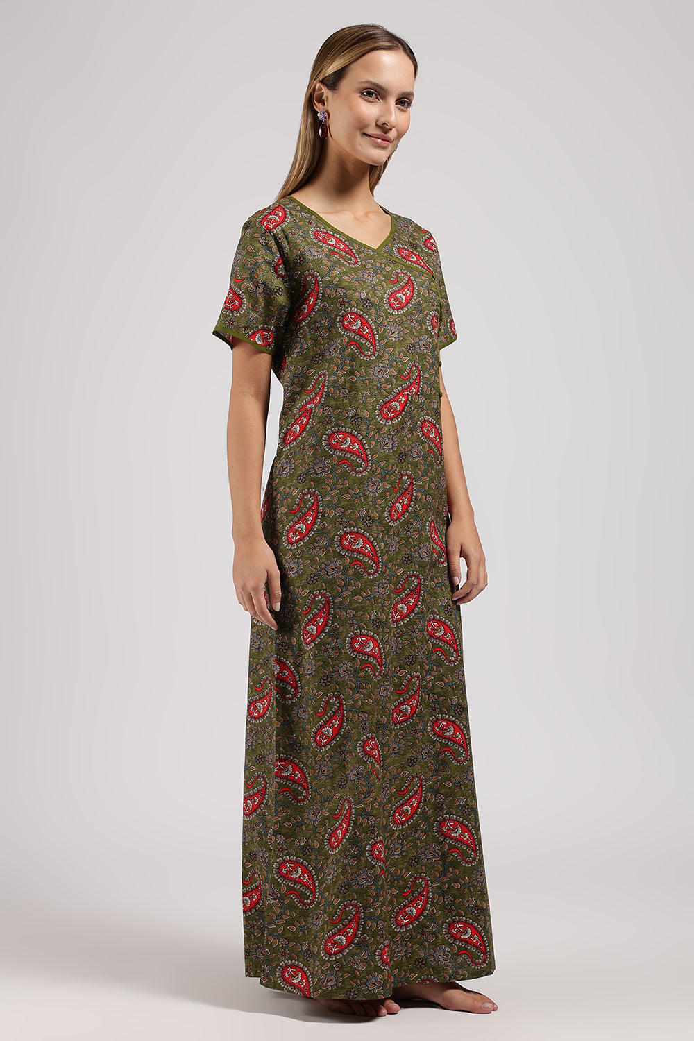 Naidu Hall Printed Cotton Nighty for Women – A-Line Relaxed Fit Sleepwear with V-Neck & Asymmetric Panel | Comfortable Daily Wear Nighty
 - N121