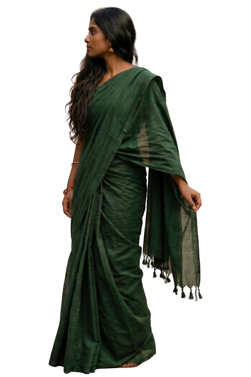 Naidu Hall Women's Green Khadi Cotton Blend Solid Saree with Blouse | Lightweight Ethnic Wear Saree - G359