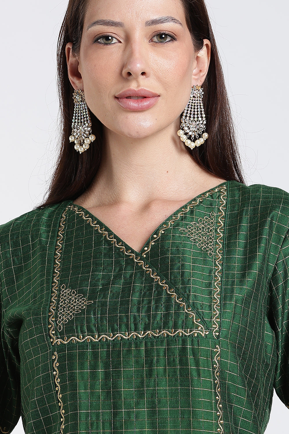 Mythri Women's Cotton Blend Embroidered Kurta Set with Wide Leg Pants | Crossover V-Neck Ethnic Kurta Set for Women | Festive & Traditional Wear - KS04