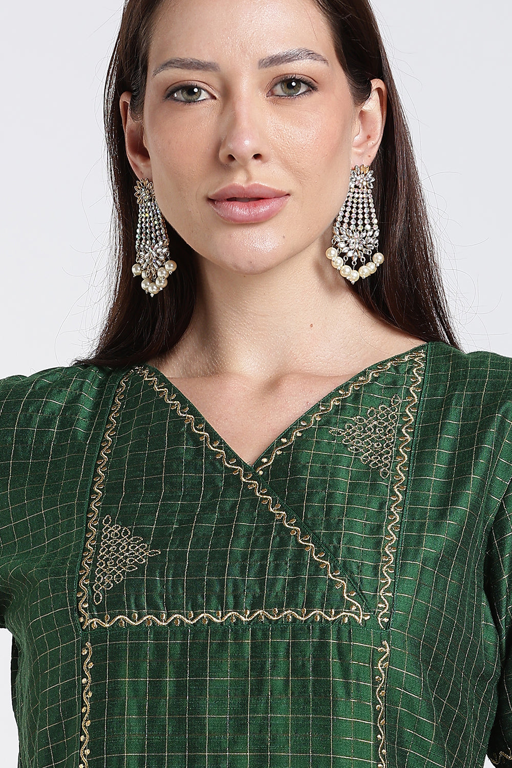 Mythri Women's Cotton Blend Embroidered Kurta Set with Wide Leg Pants | Crossover V-Neck Ethnic Kurta Set for Women | Festive & Traditional Wear - KS04