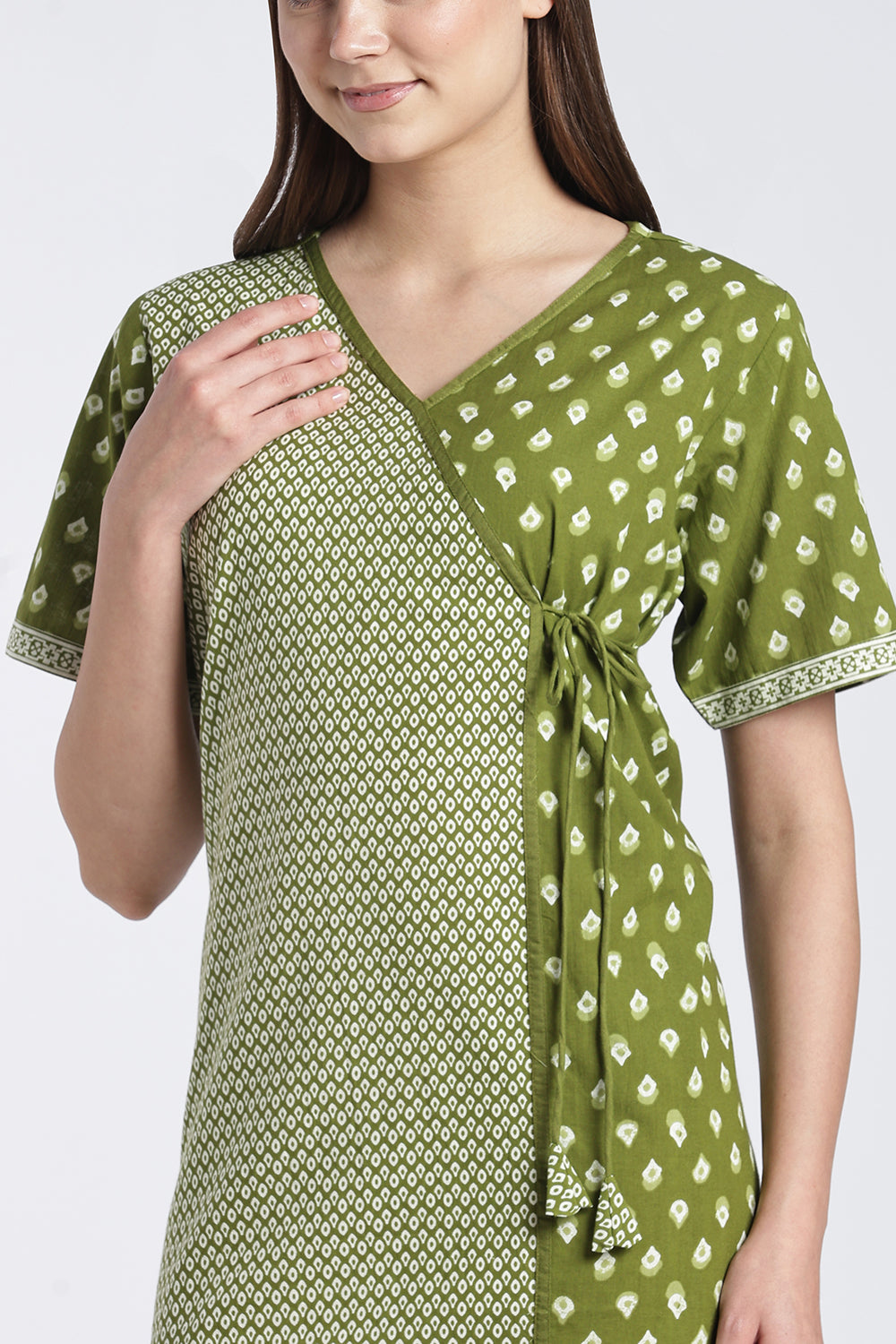 Naidu Hall Women’s Printed Cotton Angarakha Nighty | V-Neck Wrap Style Night Dress with Tie-Up | Short Sleeve Daily Wear, Sleepwear & Loungewear
 - NB51