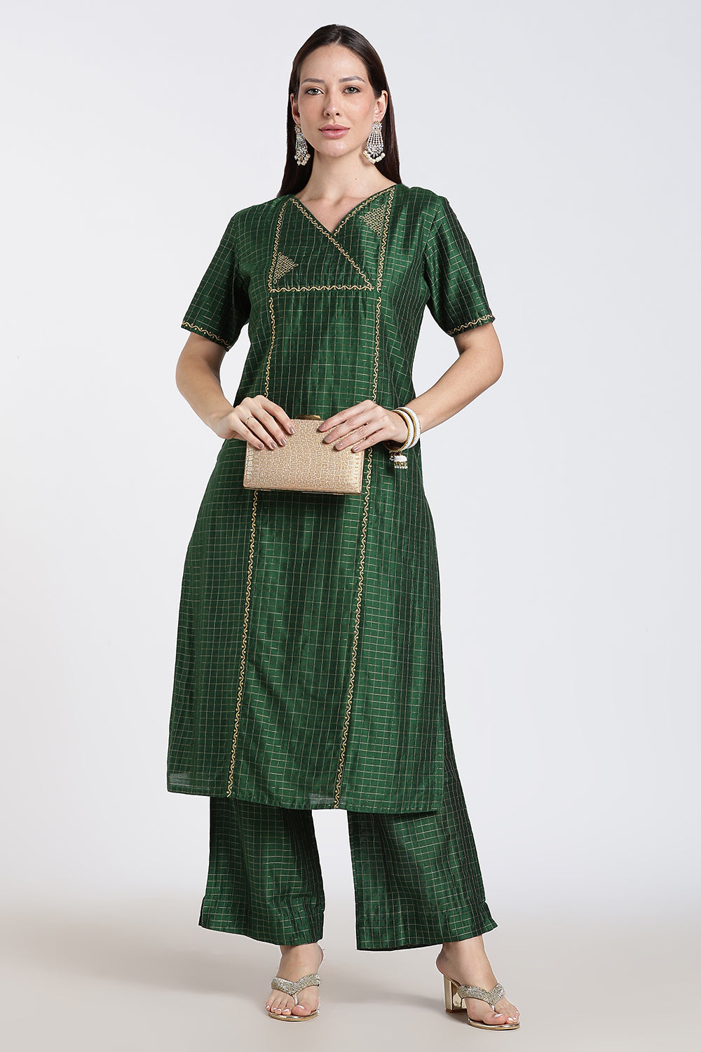 Mythri Women's Cotton Blend Embroidered Kurta Set with Wide Leg Pants | Crossover V-Neck Ethnic Kurta Set for Women | Festive & Traditional Wear - KS04