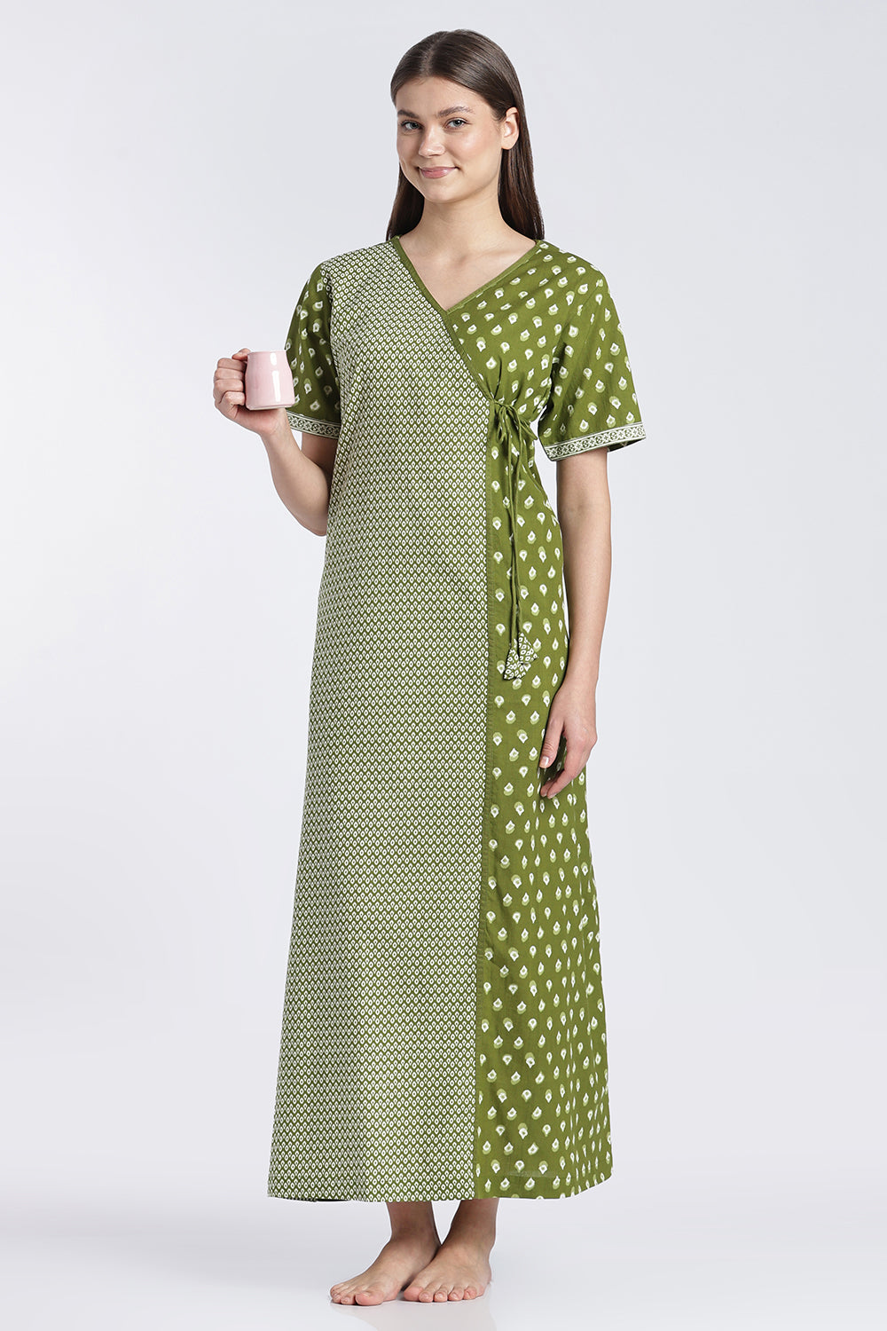 Naidu Hall Women’s Printed Cotton Angarakha Nighty | V-Neck Wrap Style Night Dress with Tie-Up | Short Sleeve Daily Wear, Sleepwear & Loungewear
 - NB51