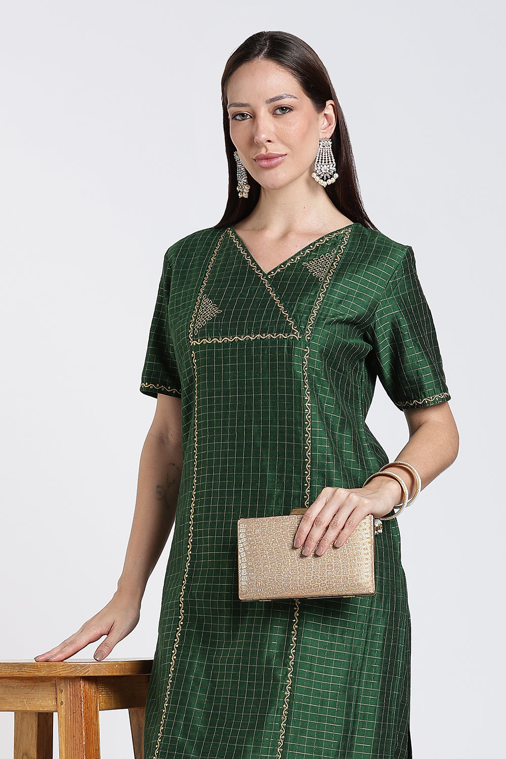 Mythri Women's Cotton Blend Embroidered Kurta Set with Wide Leg Pants | Crossover V-Neck Ethnic Kurta Set for Women | Festive & Traditional Wear - KS04