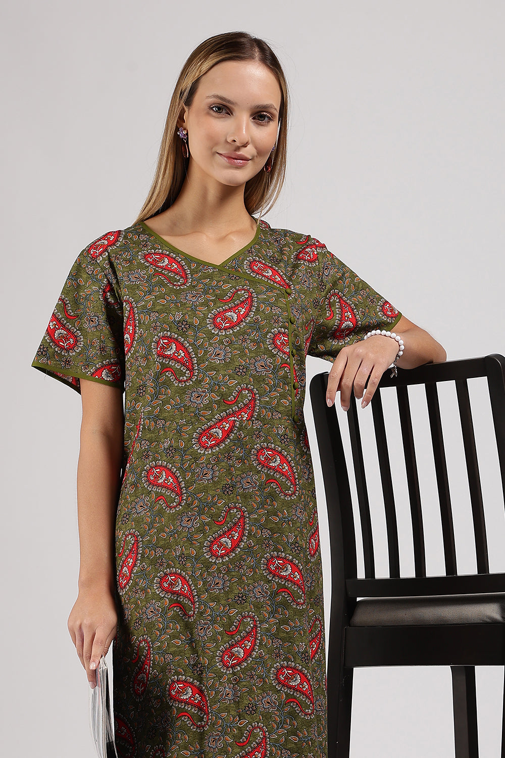 Naidu Hall Printed Cotton Nighty for Women – A-Line Relaxed Fit Sleepwear with V-Neck & Asymmetric Panel | Comfortable Daily Wear Nighty
 - N121