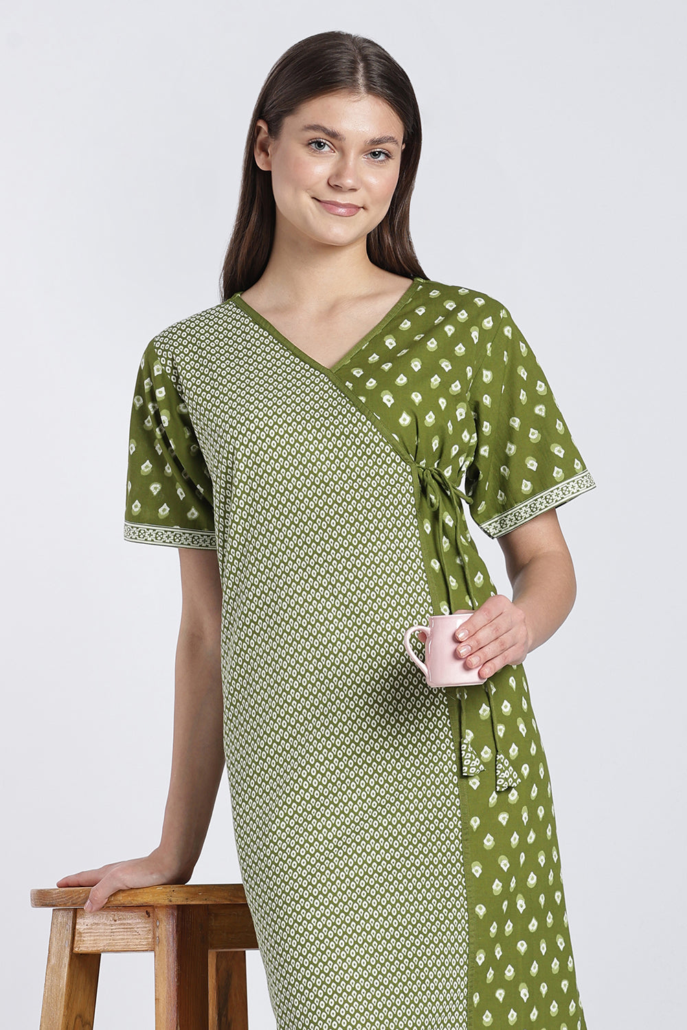 Naidu Hall Women’s Printed Cotton Angarakha Nighty | V-Neck Wrap Style Night Dress with Tie-Up | Short Sleeve Daily Wear, Sleepwear & Loungewear
 - NB51