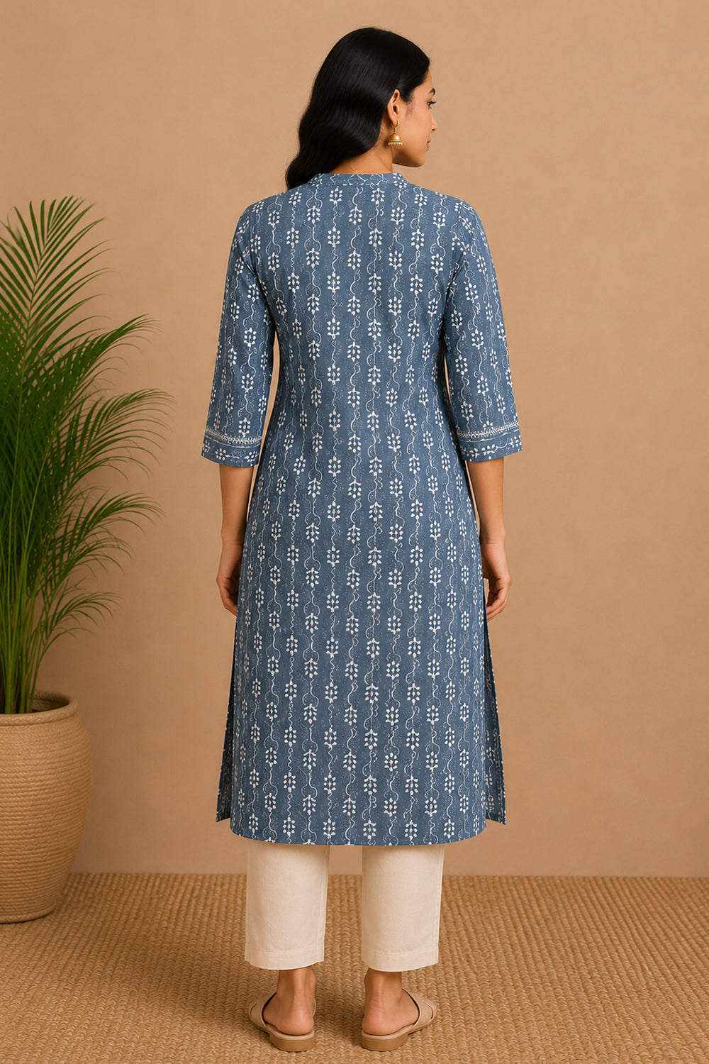 Women's Cotton Blend Printed Kurti | Mandarin Collar 3/4 Sleeve Below Knee Kurti for Women | Regular Fit Ethnic Daily Wear Kurta - JS52