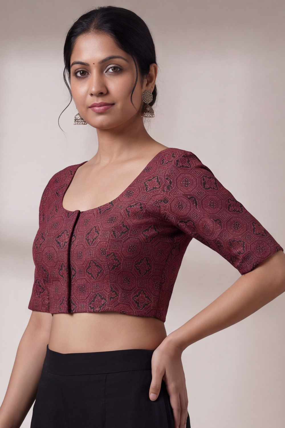 Women's Prints Cotton Blend Saree Sides Stretchable Blouse with Round Neck, Elbow Sleeve and Regular Fit | Ready-to-Wear Saree Blouse for Daily Wear & Festive Wear - H003